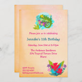 花と熱帯トカゲルアウ（ハワイ式宴会）誕生日招待状 招待状 (正面/裏面)