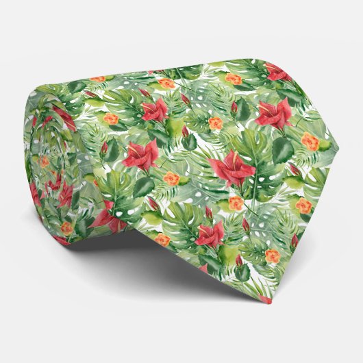 花と熱帯葉の花 ネクタイ (ロール)