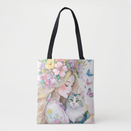 花と猫の春の少女 トートバッグ (正面)
