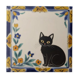 花と猫 - かわいい黒猫とオレンジの花 タイル