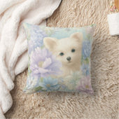 花と白いかわいい子犬 クッション (ブランケット)