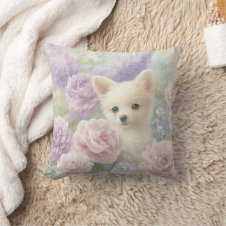 花と白いかわいい子犬 クッション
