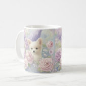 花と白いかわいい子犬 コーヒーマグカップ (正面左)