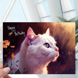 花と白いキティ猫+蝶誕生日 カード