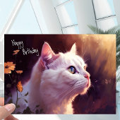 花と白いキティ猫+蝶誕生日 カード