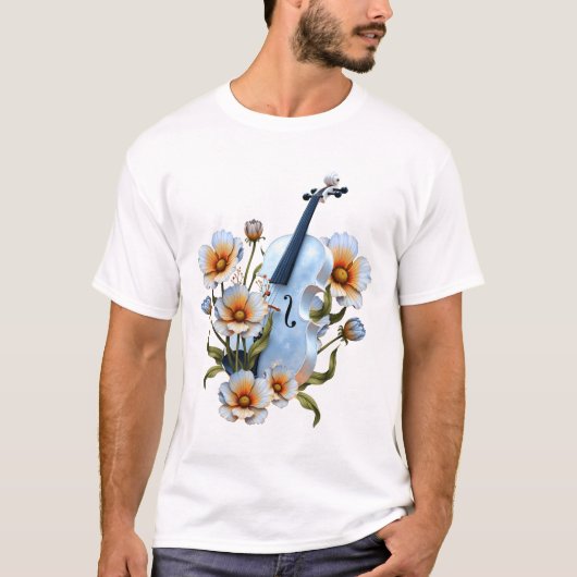 花と白いバイオリン - エレガントな音楽と自然 Tシャツ (正面)