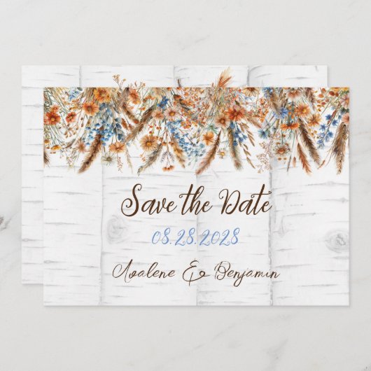 花と白い樺の木ツリー日付カードを保存 招待状 (正面/裏面)