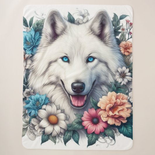 花と白い狼の犬 シェルパブランケット (正面)