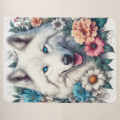 花と白い狼の犬 シェルパブランケット (正面(横))