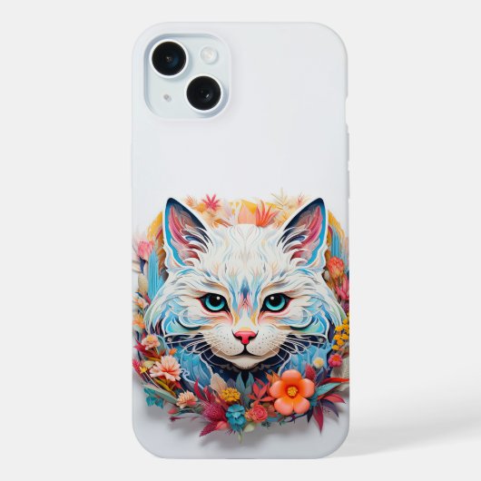 花と白と青の可愛い猫の切り絵 iPhoneケース (裏面)