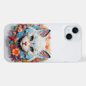 花と白と青の可愛い猫の切り絵 iPhoneケース (裏面横)