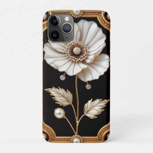 花と真珠のデザインが施されたゴールドフレーム Case-Mate iPhoneケース (裏)