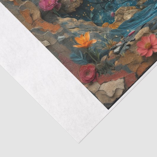 花と石のコラージュを持つタイガーヘッド 薄葉紙 (詳細)