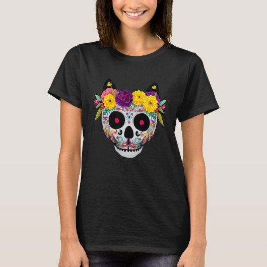 花と砂糖の髑髏猫 Tシャツ (正面)