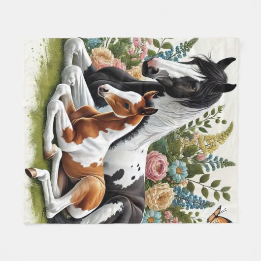 花と緑の鮮やか間で休む馬 フリースブランケット (正面(横))