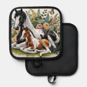 花と緑の鮮やか間で休む馬 鍋敷き (正面/裏面)