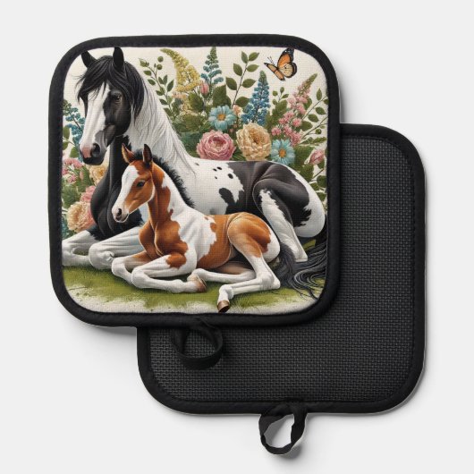 花と緑の鮮やか間で休む馬 鍋敷き (正面/裏面)