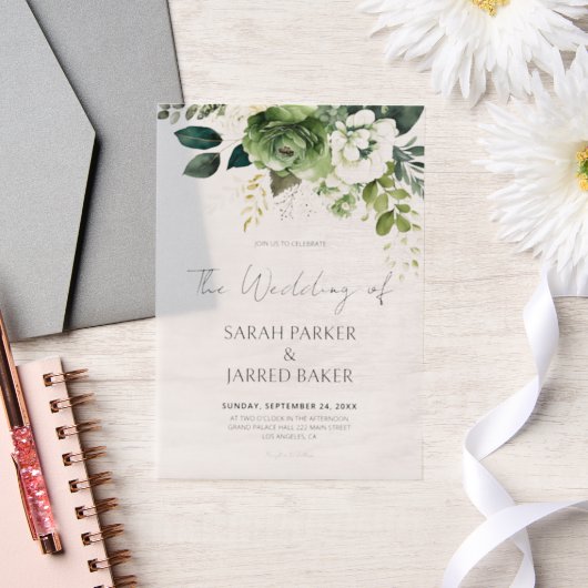 花と緑結婚の ベラム紙招待状 (ウェディング)