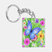 花と美しいブルーバタフライ水色 キーホルダー (正面左)