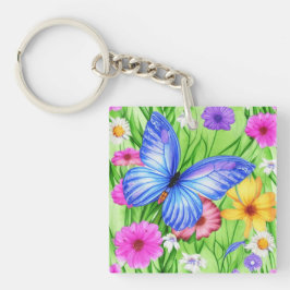 花と美しいブルーバタフライ水色 キーホルダー