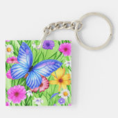 花と美しいブルーバタフライ水色 キーホルダー (裏面)