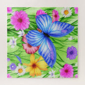 花と美しいブルーバタフライ水色 ジグソーパズル (横)