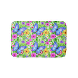 花と美しいブルーバタフライ水色 バスマット