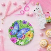 花と美しいブルーバタフライ水色 ペーパープレート (パーティー)