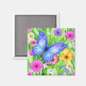 花と美しいブルーバタフライ水色 マグネット (正面/裏面)