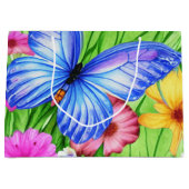 花と美しいブルーバタフライ水色 ラージペーパーバッグ (正面)