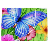 花と美しいブルーバタフライ水色 ラージペーパーバッグ (裏面)