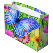 花と美しいブルーバタフライ水色 ラージペーパーバッグ (裏面アングル)