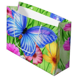 花と美しいブルーバタフライ水色 ラージペーパーバッグ