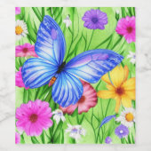 花と美しいブルーバタフライ水色 ワインラベル (シングルラベル)