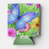 花と美しいブルーバタフライ水色 缶クーラー (正面)