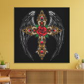 花と羽のあるゴシック様式の十字架 キャンバスプリント (インサイチュ (リビング))