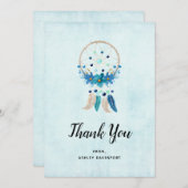 花と羽の付いたブルードリームキャッチャー サンキューカード (正面/裏面)