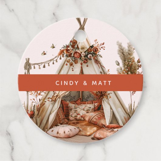 花と羽の付いたBohoテン結婚ツ フェイバータグ (正面)