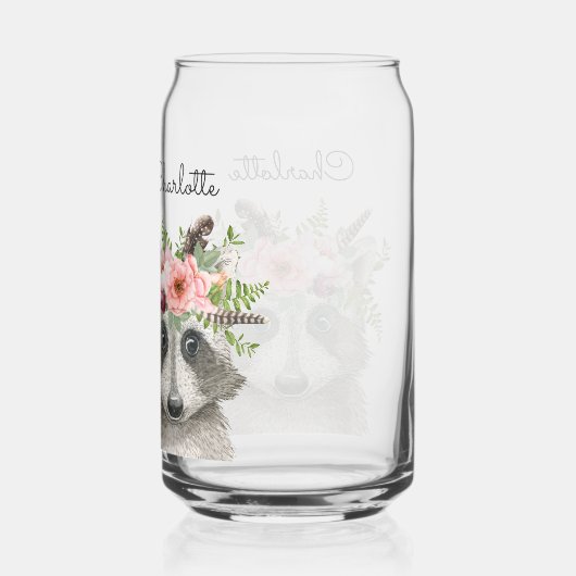 花と羽の冠を持つかわいいボホアライグマ ガラス缶 (裏面)