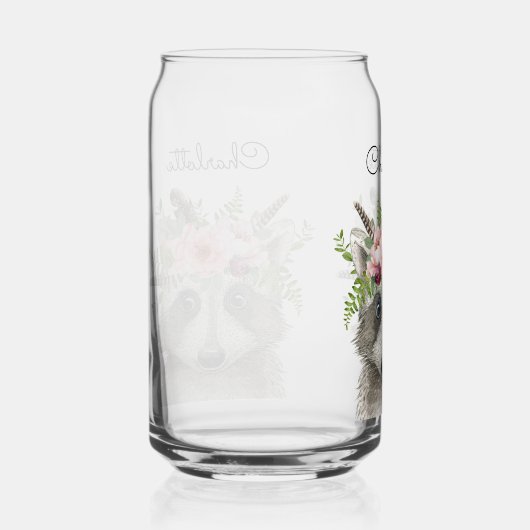 花と羽の冠を持つかわいいボホアライグマ ガラス缶 (右)