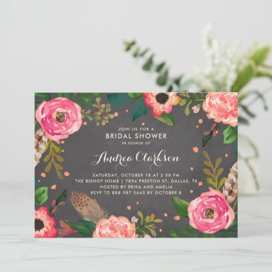 花と羽の黒板ブライダルシャワー 招待状 (スタンド正面)