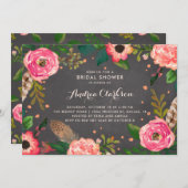 花と羽の黒板ブライダルシャワー 招待状 (正面/裏面)