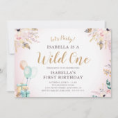 花と羽ワイルドワンガールの1歳の誕生日 招待状 (正面)