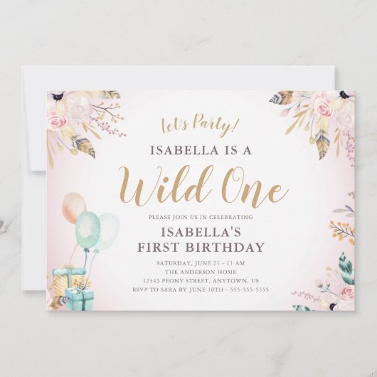 花と羽ワイルドワンガールの1歳の誕生日 招待状 (正面)