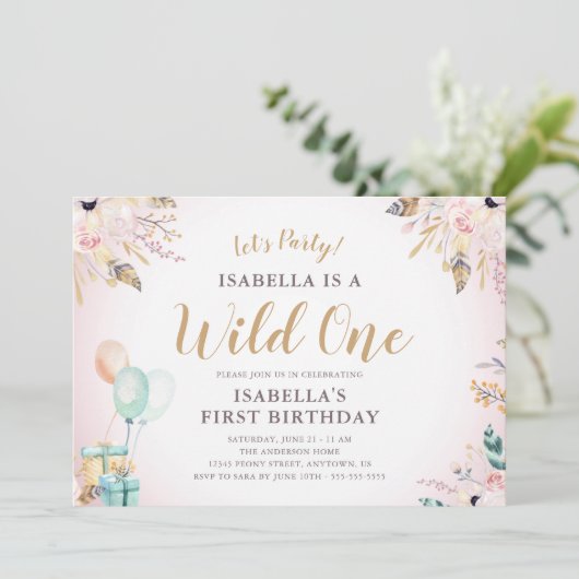 花と羽ワイルドワンガールの1歳の誕生日 招待状 (スタンド正面)