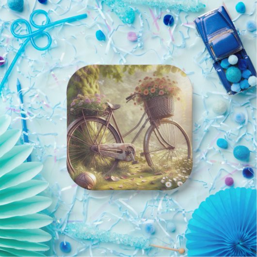 花と自転車のオリジナル紙皿 ペーパープレート (パーティー)