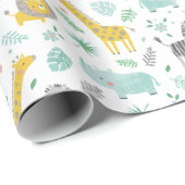 花と花が咲き葉た可愛いジャングル動物 ラッピングペーパー (ロールコーナー)