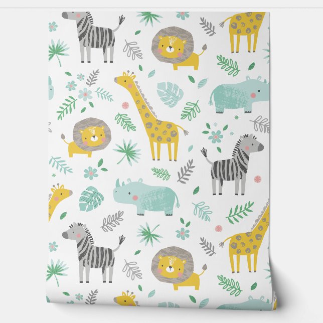 花と花が咲き葉た可愛いジャングル動物 壁紙 (ほどく)