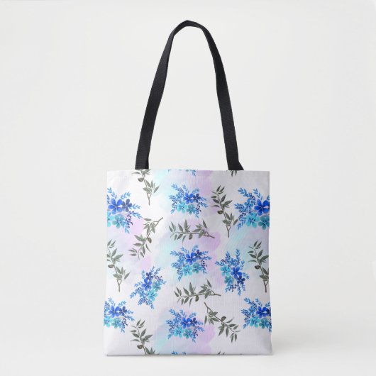 花と花の青い花束を持つパタ葉ン トートバッグ (正面)