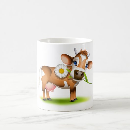 花と草が咲き乱れたかわいいマンガ乳牛 コーヒーマグカップ (中央)